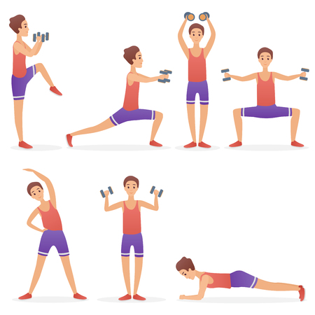 Funny handsome man exercising various different training fitness sport gym poses exercises set vector illustrationのイラスト素材