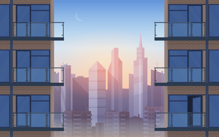 Apartment Balcony in modern house in sunset. Urban sityscape skyscrapers cityscape between civil houses cartoon background vector illustration.のイラスト素材