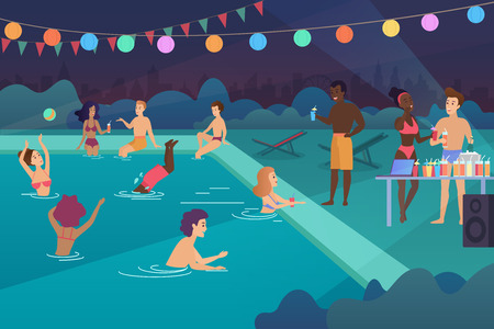 Happy young people having a pool party at night cartoon vector illustrationのイラスト素材