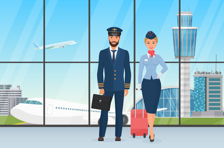 Smiling airport personal pilot and stewardess standing before the view on taking off plane and observation tower cartoon vector illustrationのイラスト素材