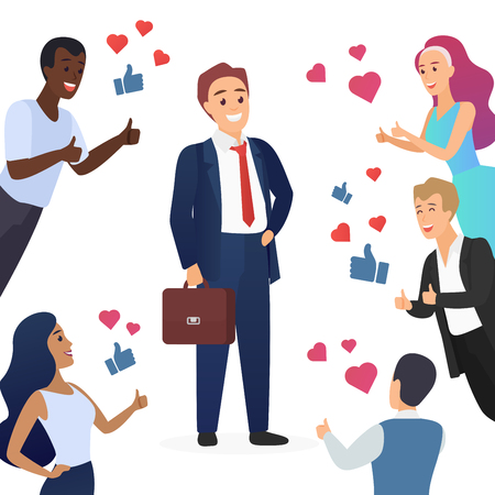 Happy cute businessman and people with thumbs up. Likes hearts and positive feedback from fans concept vector illustration.のイラスト素材