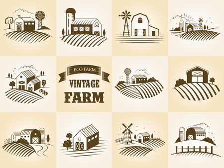 Set of vintage eco farm label, landscapes, buildings, fileds. Retro woodcut style vector illustration.のイラスト素材