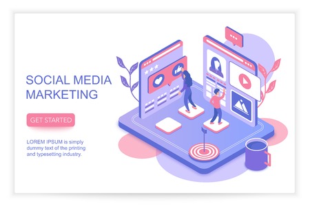 Social media marketing infographics concept with people 3d isometric landing website page template vector illustration.のイラスト素材