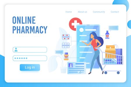 Online pharmacy flat vector landing page templateのイラスト素材