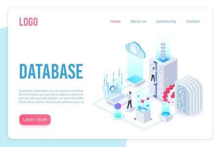 Database landing page isometric vector template. Internet of things, data server storage 3d web banner. Wireless technologies, telecommunication. Cloud computing service website homepage layout.のイラスト素材