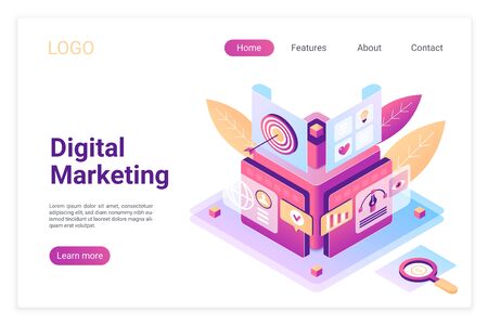 Digital marketing isometric landing page template. E-commerce strategy planning. User profile analysis, targeting customers metaphor. SEO for better performance, website ranking statsのイラスト素材