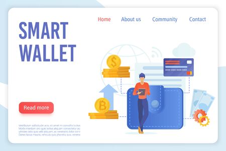 Smart wallet flat vector landing page template. Cryptocurrency withdraw, e payment website homepage layout. Credit card, digital and mobile wallet. Financial and banking service web banner designのイラスト素材