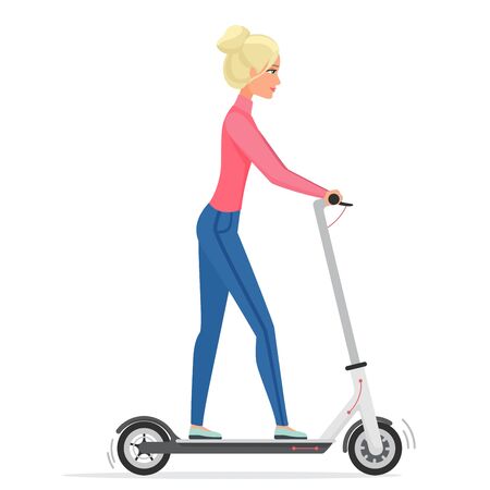 Woman on electric scooter flat vector illustration. Female cartoon character riding eco friendly city vehicle. Blonde girl using urban personal transporter. Person on e-scooter isolated on whiteのイラスト素材