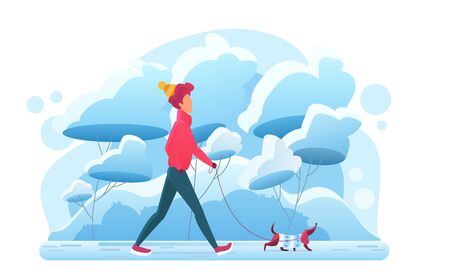 Young man walking with dog in winter park flat vector illustration. Guy with dachshund. Pet lover routine, fresh cold air leisure. Domestic animal owner on outdoor stroll in park with doggy.のイラスト素材