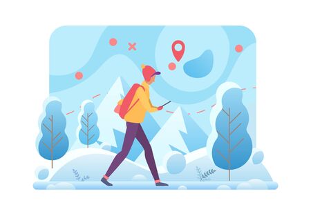Winter hiking flat vector template. Trekking tour and walking tourism in cold winter mountains cartoon concept. Outdoor activities. Man walking in forest with navigationのイラスト素材