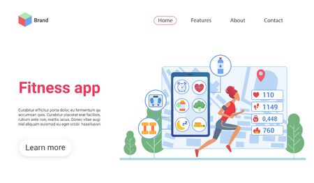 Fitness app landing page vector template. Running tracking website interface idea with flat illustrations. Sport application homepage layout. Health check web banner, webpage cartoon conceptのイラスト素材