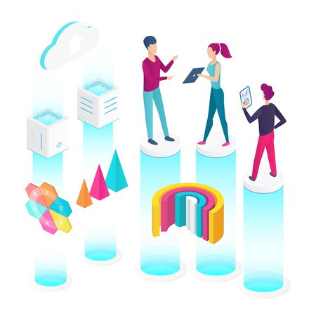 Data analysis isometric isometric vector illustration. Teamwork and consulting with colleagues. Research for project. Information diagram review. Company management cartoon conceptual design elementのイラスト素材