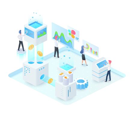 Cryptocurrency exchange platform isometric vector illustration. Online trading platform. Digital service maintenance. Teamwork and currency rate analysis. E-commerce cartoon conceptual design elementのイラスト素材