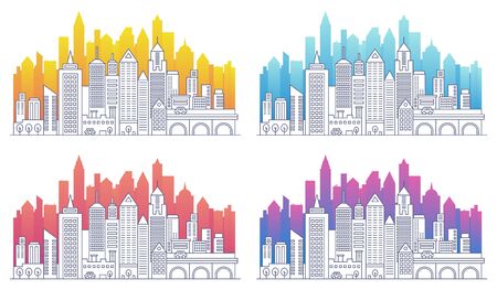 Modern cityscape outline vector illustrations set. Skyscrapers apartment buildings linear isolated. City skyline color gradient silhouettes set.のイラスト素材