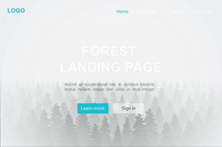 Landing page with forest in fog realistic background vector graphic illustration. Nature tree landscape template for advertising website, banner. Internet business related environment, travel, tourismのイラスト素材