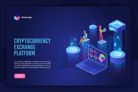 Isometric cryptocurrency exchange, payment concept vector illustration for banner, poster, website. Network crypto mining business landing page. Modern internet platform digital currency farmingのイラスト素材