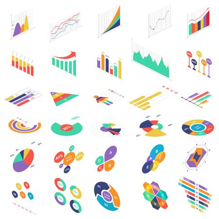 Flat 3d isometric infographic elements icons graph charts set for finance business presentation. Data statistics diagrams infographics vector illustrationのイラスト素材