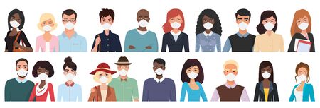 Multiracial different age people in masks cartoon flat vector illustration set. Young, middle, over aged men, women with masks, visible upper body part and faces, in two rows, looks straight to viewerのイラスト素材