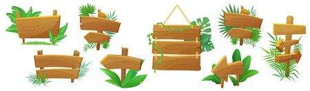 Jungle style exotic wooden arrow, signpost, pointer cartoon vector illustration set isolated. Standing and hanging natural wooden boards with tropical plants, green leaves and lianas.のイラスト素材
