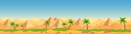 Egyptian desert Panoramic view cartoon vector illustration landscape, banner. Similar pattern panorama Afro Asian tourist country, hot weather, sand, blue sky, dunes, pyramids, palms game styleのイラスト素材