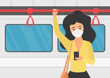 Young girl in mask in subway coronavirus quarantine character concept flat vector illustration. Sad woman stands in metro in mask, holds for hand rail and looks at smartphone.のイラスト素材