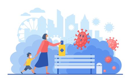 Woman with small kid walking in city public park and disinfecting contact place from coronavirus flat vector illustration. Corona virus cleaning and disinfection. Epidemic covid-19 conceptのイラスト素材