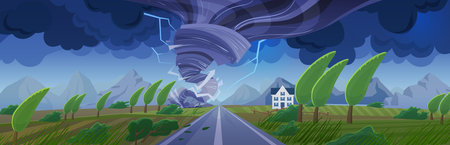 Storm with tornado flat cartoon panorama landscape vector illustration background. Panoramic Nature catastrophe in fields with road to mountains. Cyclone hurricane natural disasterのイラスト素材