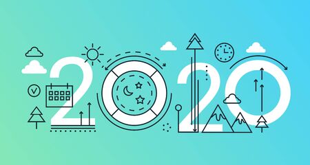 Travel thin line concept vector illustration. Website interface creative linear design with abstract flat 2020 word, planning symbols of summer outdoor adventure in nature, weekend traveling activityのイラスト素材