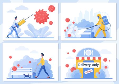 Fight coronavirus vector illustration. Cartoon flat people in mask and protective suit fighting and disinfecting virus, using contactless food delivery, prevention and social distance in quarantineのイラスト素材