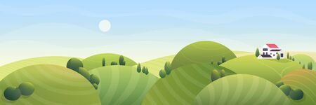 Sunny summer rural landscape vector illustration. Cartoon comic flat farm house with red roof, stylized rounded farmland field on green grass half round hills. Countryside nature fantasy backgroundのイラスト素材