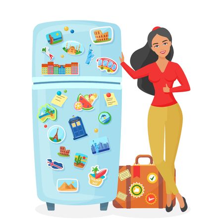 Traveler young pretty woman showing fridge with souvenir famous places magnets flat vector illustration. Travel agency concept.のイラスト素材