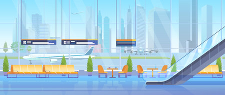 Airport waiting hall vector illustration. Cartoon flat modern inside interior, empty seats chairs for waiting passengers in airline departure lounge room, panoramic window and escalator backgroundのイラスト素材