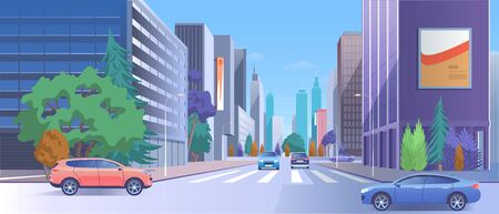 City street downtown vector illustration. Cartoon 3d urban cityscape with car traffic on road, luxury modern skyscraper buildings with store and billboard, empty crosswalk, town lifestyle backgroundのイラスト素材