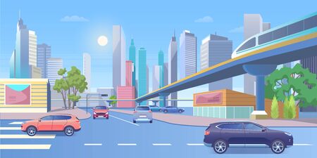 Subway city train vector illustration. Cartoon 3d urban panoramic cityscape with modern skyscraper buildings, public metro train traveling on railway bridge, empty crosswalk and cars on street roadのイラスト素材
