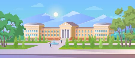 University building vector illustration. Cartoon 3d outside front view with high elementary school, college or academy university campus exterior and student people walking on street road backgroundのイラスト素材