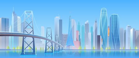 City bridge vector illustration. Cartoon flat modern urban blue futuristic skyline, cityscape with tower skyscrapers in downtown, highway bridge over water. Future waterfront landscape view backgroundのイラスト素材