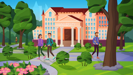 University landscape with people vector illustration. Cartoon flat academic student characters walking on road in green park or garden near university campus building, summer cityscape backgroundのイラスト素材