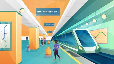 People in metro subway station vector illustration. Cartoon flat passenger character walking on modern underground transport platform, train waiting on railway, railroad city transportation backgroundのイラスト素材