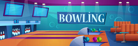 Bowling alley vector illustration. Cartoon flat panoramic empty bowling club interior with pin bowl ball equipment for game competition or championship, armchair for friend leisure activity backgroundのイラスト素材