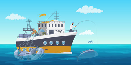 Fisher people in fishing vessel boat vector illustration. Cartoon flat commercial fishing industry background with fisherman working, catching fish seafood and using net. Ocean or sea nature landscapeのイラスト素材
