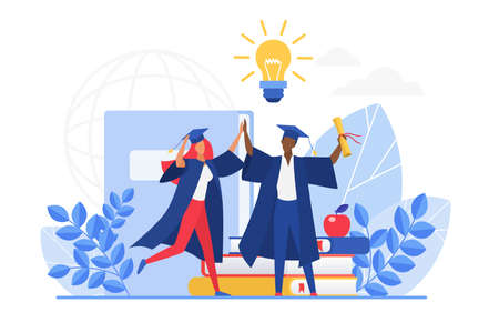 Graduate people celebrate vector illustration. Cartoon flat tiny group of happy graduating students characters celebrating graduation, holding school or college education diploma isolated on whiteのイラスト素材