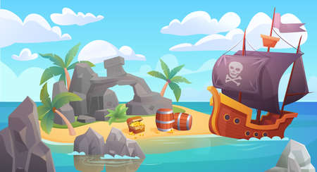 Pirate island landscape vector illustration. Cartoon scenic seascape with piratical ship in ocean or sea waters and treasure old chest full of gold on rocky beach island, adventure scene backgroundのイラスト素材