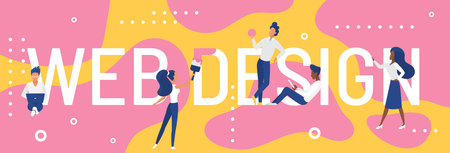Web design word concept vector illustration. Cartoon flat designer developer people standing next to...