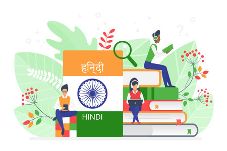 Online Hindi language courses flat illustration. Distance education, remote school, Indian...