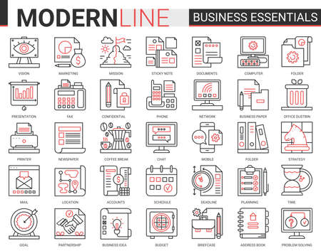 Business complex concept thin red black line icon vector set. Business essential website outline pictogram symbols collection with office objects, equipment documents for financial developmentのイラスト素材