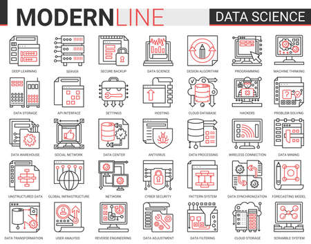 Data science complex thin red black line concept icon vector set with outline symbols collection scientific technology in database storage internet systems, cyber security of network connectionのイラスト素材