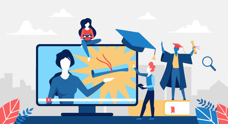 Online education concept vector illustration. Cartoon student graduate characters study at distance,...
