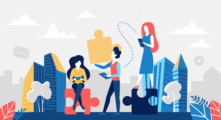Business teamwork concept vector illustration. Cartoon business people team working, partner businessman holding puzzle jigsaw in creative success solution, communication in partnership backgroundのイラスト素材