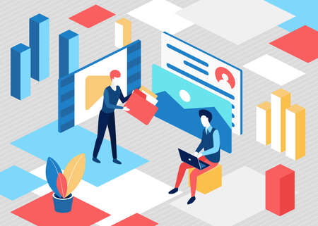 Isometric people upload creative content concept vector illustration. 3d cartoon business characters creating blog content, holding files. Video, music, pictures download via mobile devices backgroundのイラスト素材