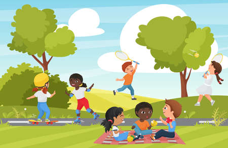 Children play in summer park vector illustration. Cartoon group of little kids playing badminton, happy child skating and skateboarding in playground of recreation park or garden landscape backgroundのイラスト素材